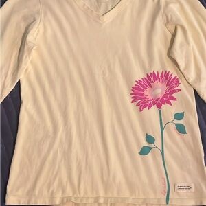 Life Is Good Cream V-Neck Long Sleeve Top with Pink Floral Print